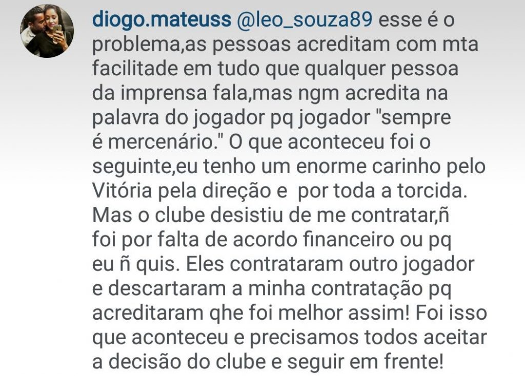 Lateral Diogo Mateus desabafa em rede social Reprodução/Instagram
