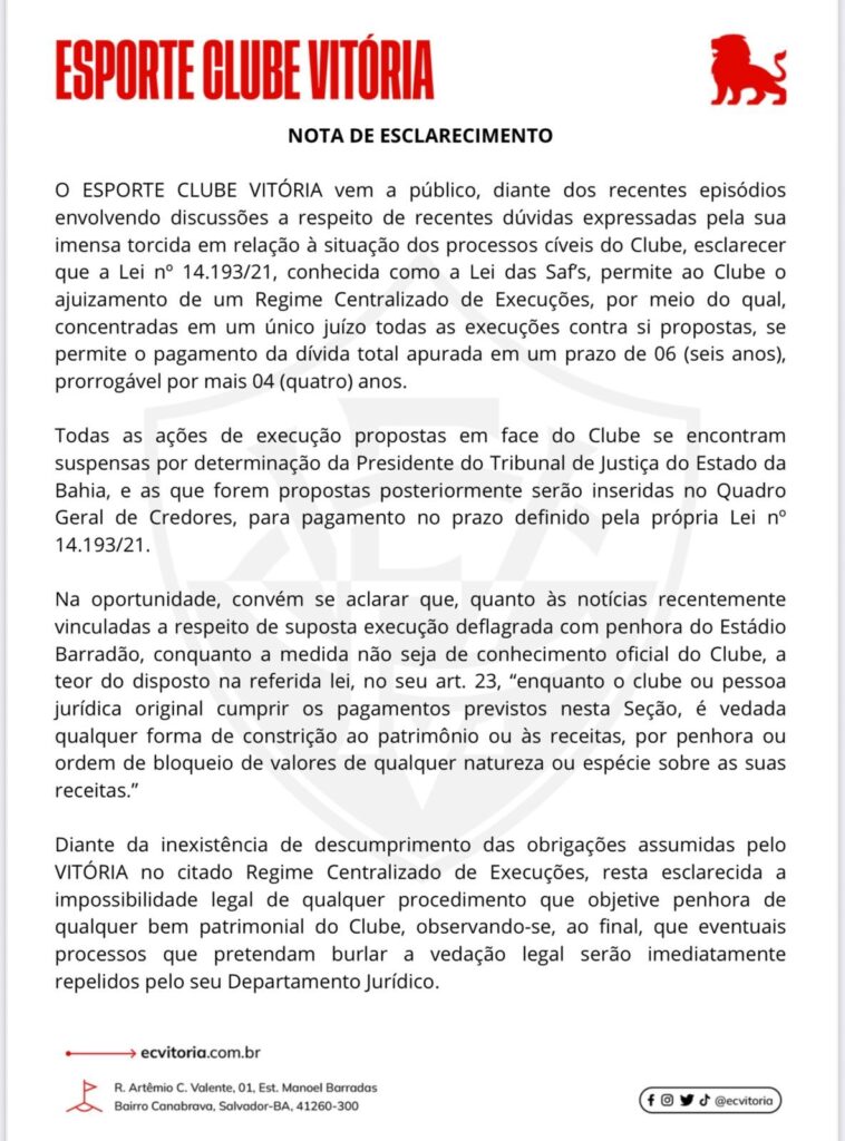 Vitória esclarece situação sobre risco de penhora do Barradão 1 Nota esclarecimento Vitoria